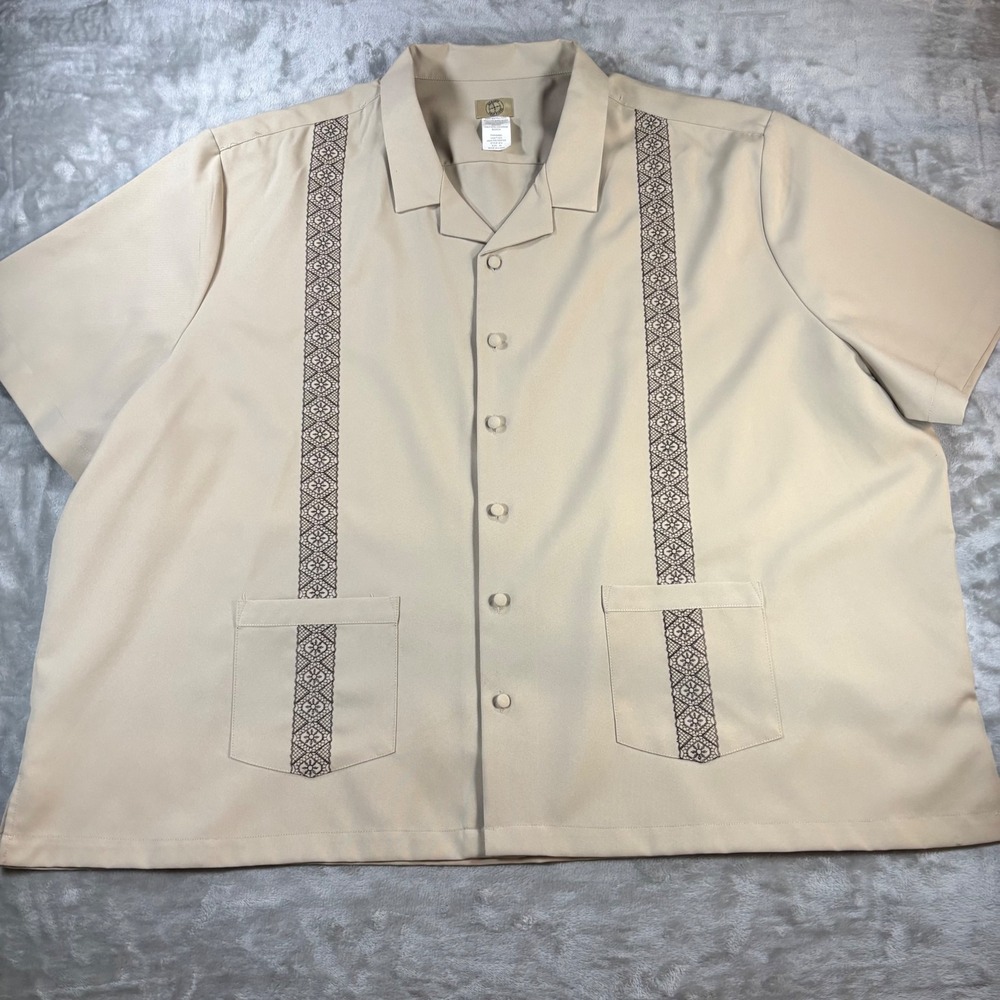 Haband Travelers Mens 4X Guayabera Shirt Tan Beige Short Sleeve Embroidered 614‎